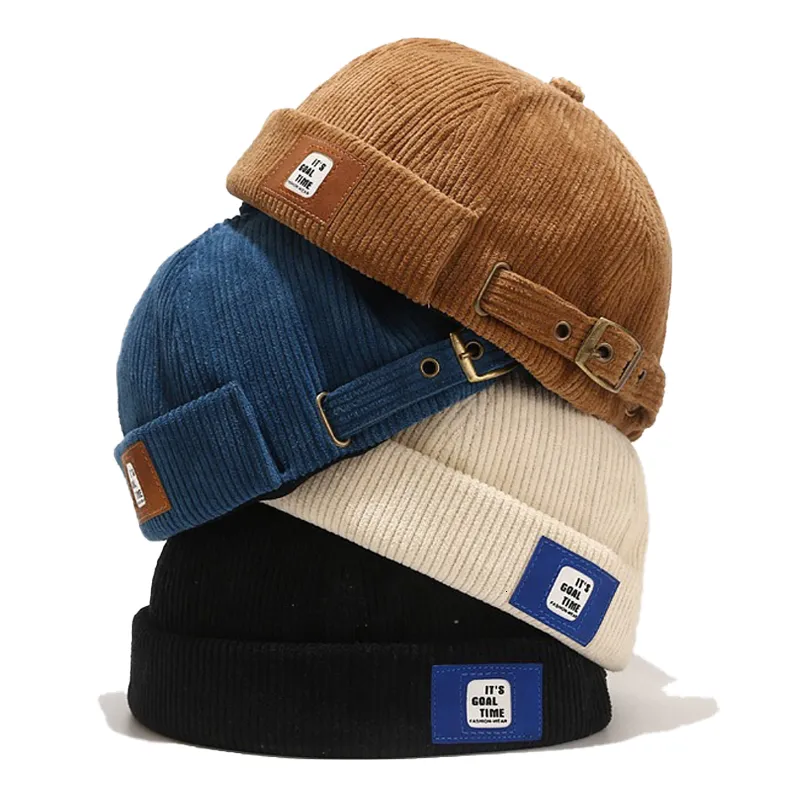 Beanieskull Caps Fashion Feios vintage Chapéus Homens homens Mulheres Primavera O outono do outono Hat Streetwear Hip Hop Brimless Corduroy Docker Cap Wholesale 230506