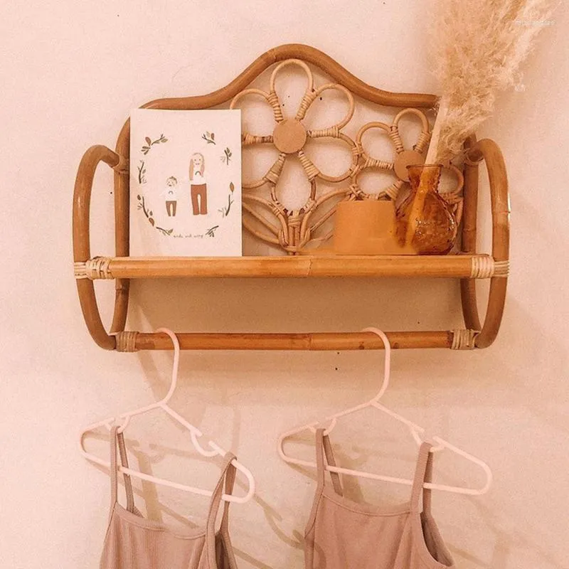 Rattan wall shelf with hooks store