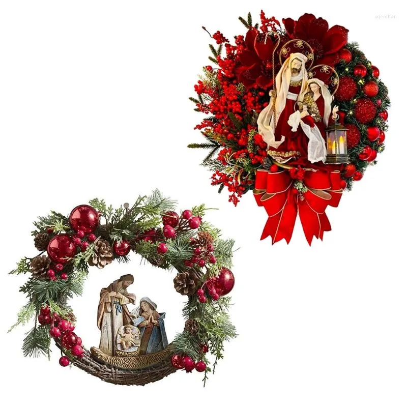 Dekorativa blommor julfödelse helig familj krans med konstgjorda bär grönska båge Jesus Kristus hängande krans Xmas ytterdörr