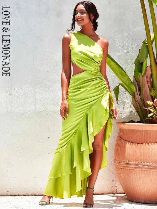 Robes de soirée LOVE LIMONADE Sexy vert vif sur l'épaule découpe à volants réfléchissant Satin Maxi robe LM82202 A 230508