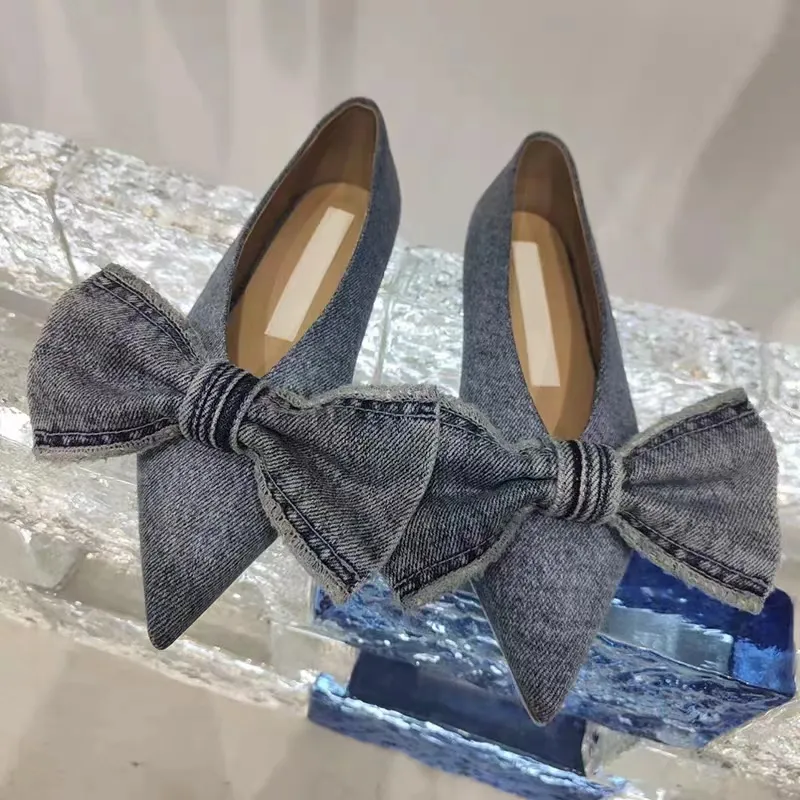 Denim Slip On Single Shoes Women 2023 New Niche Pointed Toe Big Bow Flat Shoes For Women