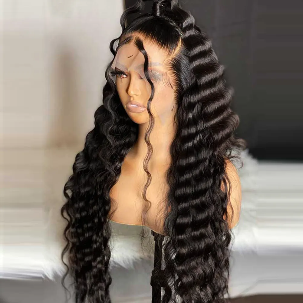 Perucas dianteiras de renda de onda profunda brasileira para mulheres negras HD Lace Frontal Wig Fibra de Fibra Sintética Resistente ao Calor Hailrline Natural