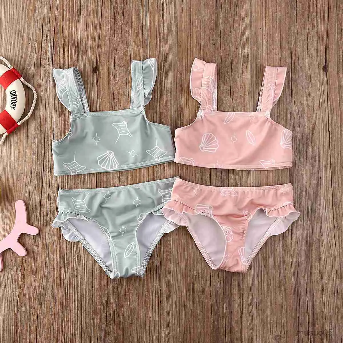 Zweiteiler Kinder Bademode Mädchen Badeanzug Grafikdruck Rüschen Bikini Sets Baby Badeanzug Kleinkind Beachwear 0-5Y