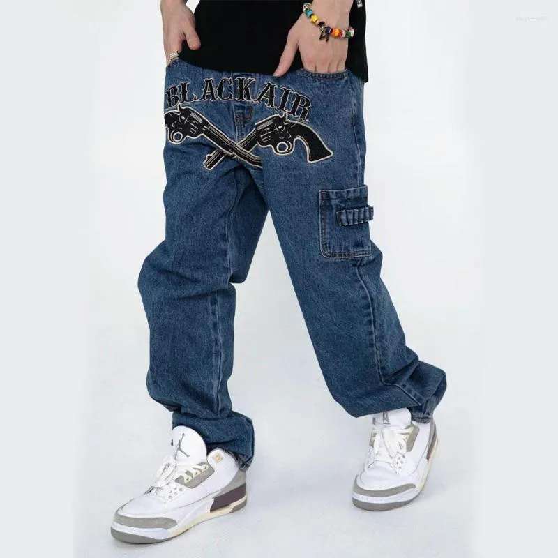 Mäns jeans revolver broderi för män streetwear rap hip hop rak ben elastiska midja byxor manliga kvinnor denim byxor