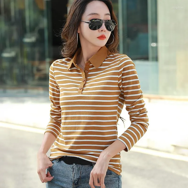 Damen T-Shirts Striped Umlegekragen Baumwolle T-Shirt Femme Korean Fashion Damen Langarm Damen Tops Herbst T-Shirt Damen Kleidung