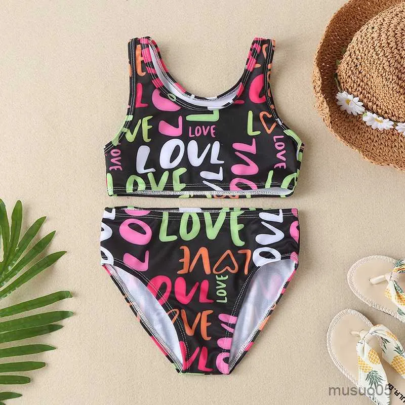 Deux pièces enfant filles maillot de bain sans manches hors épaule lettres imprimer Crop gilet hauts été Bikini ensembles plage maillots de bain pour les filles