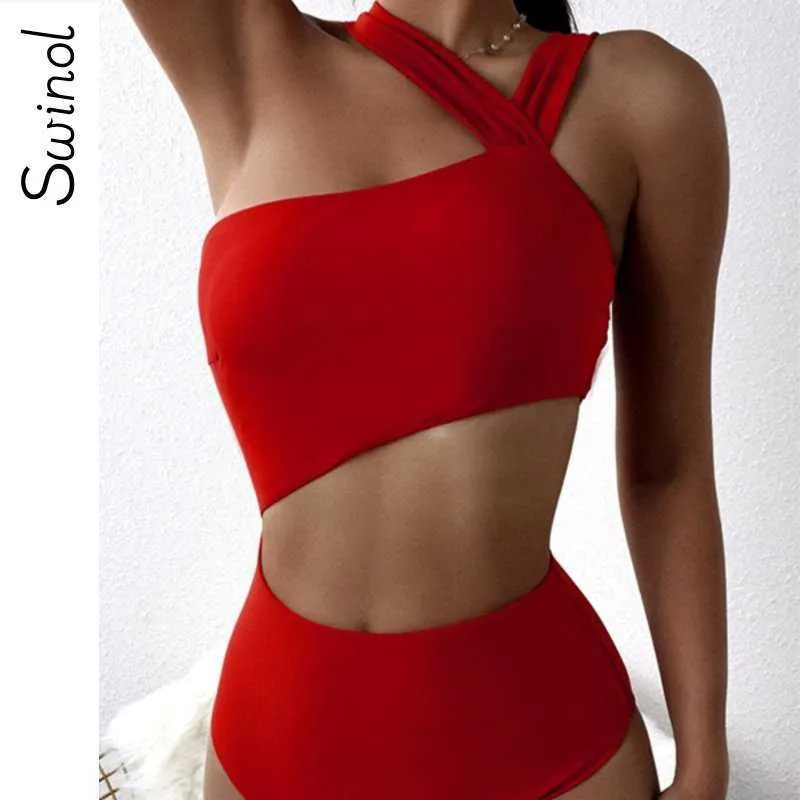 Women's Plus Size Swimwear Swinol Women Sexy Bikini Solid One Piece Swimsuit Female Diagonal Shoulders Swimwear High Waist Thong Plus Size Bikini Set Z0508