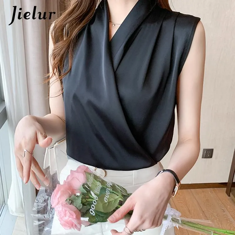 Femmes Blouses Chemises Jielur Tops Couleur Unie Blanc Satin Blouse Chemise De Bureau Blusas Manches Noir Femme 230509