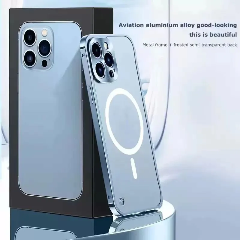 Aluminium Frame Magnetische Gevallen Draadloos Opladen Telefoon Case Voor iPhone 14 13 12 11 Pro Mini Max Doorschijnende matte Cover