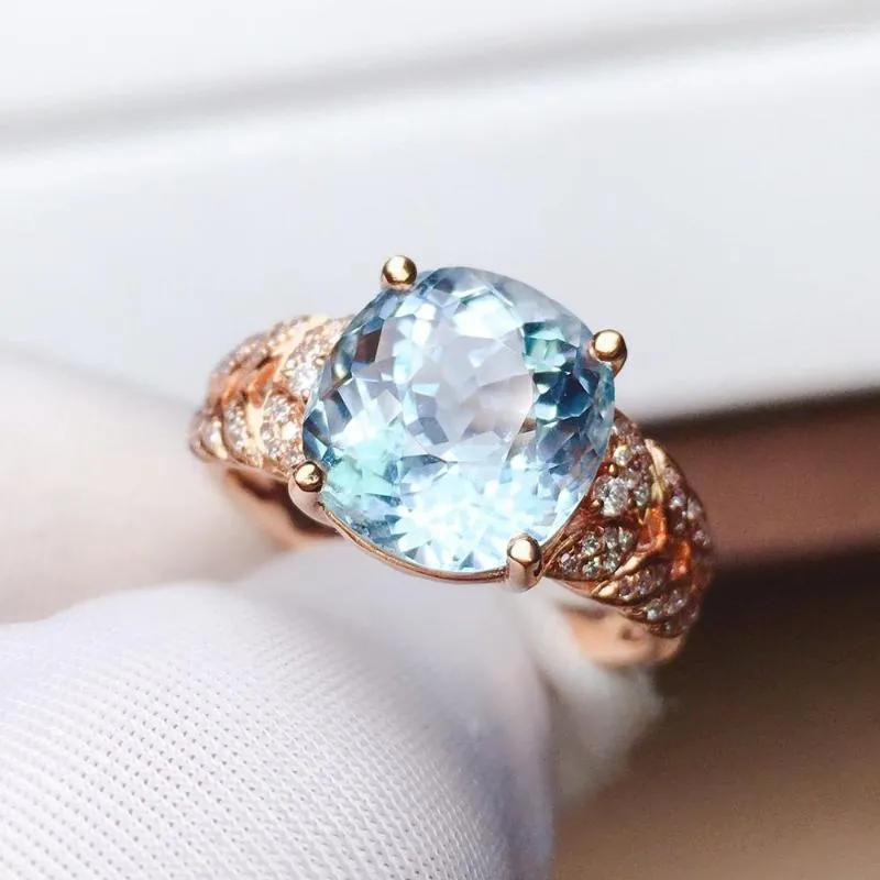 Klusterringar Z625 Aquamarine Ring Fine Jewelry Pure 18 K Gold Natural Blue Gemstones 3.5CT