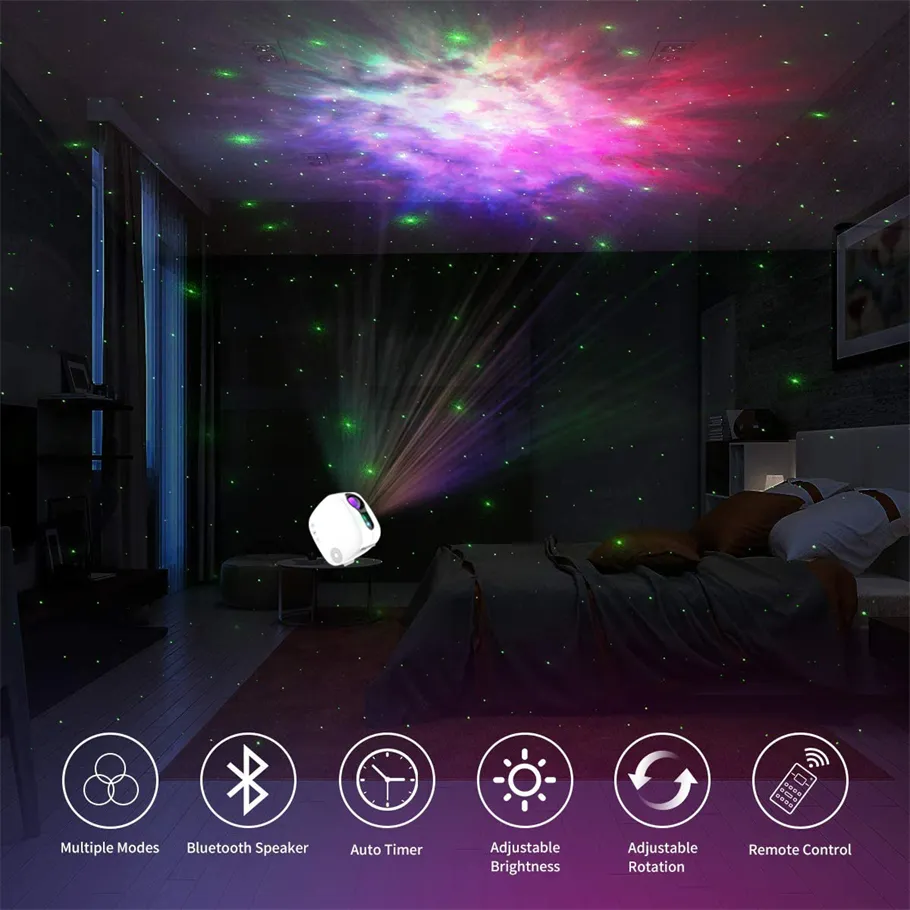 Proyector de luz Galaxy para dormitorio, 8 ruidos blancos+96 iluminaciones,  proyector de luces de techo para dormitorio, altavoz