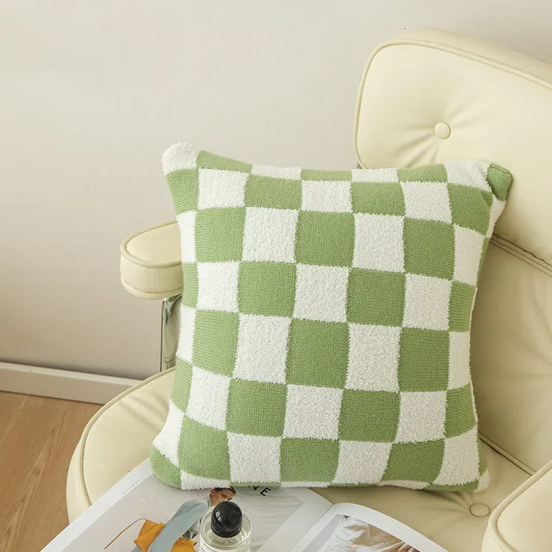 Taie d'oreiller damier Plaid en peluche housse de coussin tricoté voiture canapé jeter taie d'oreiller courte polaire taie d'oreiller coussin pour canapé-lit décor 230509