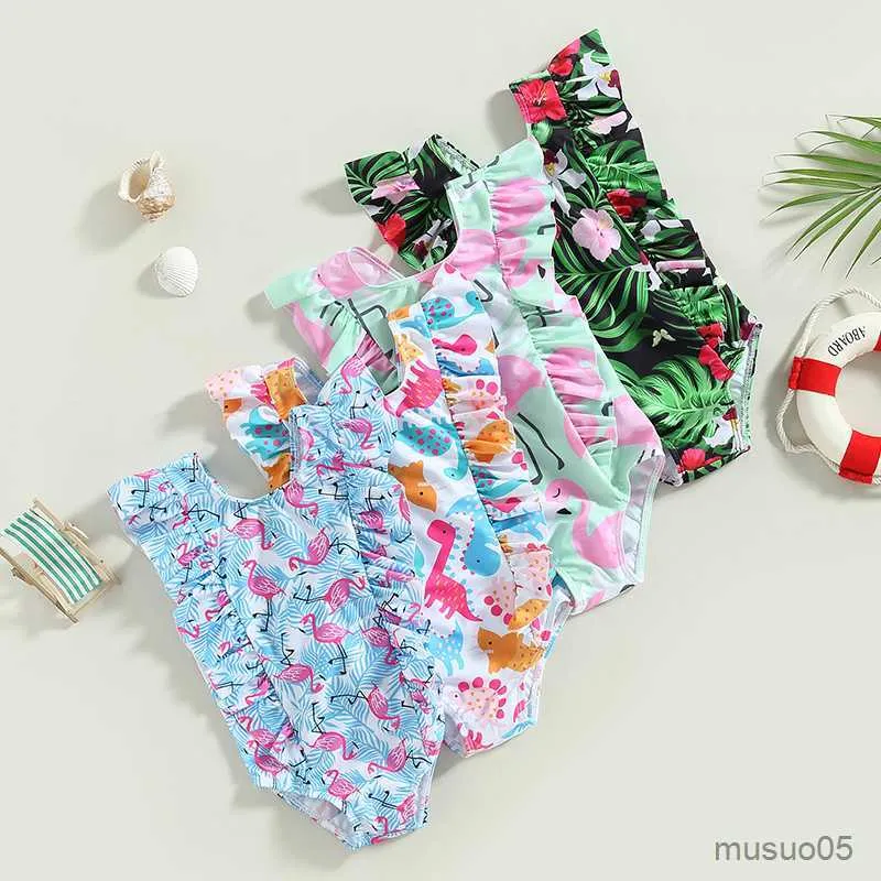 Bikini de dos piezas de verano para niña, ropa de playa, traje de baño para niños pequeños, dinosaurio de dibujos animados/flamenco/estampado de hojas, traje de baño sin mangas con volantes, traje de baño