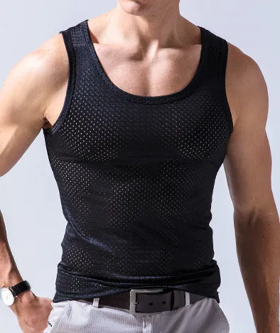 Mens tanktops Mesh Vest Ice Silk QuickDrying Bodybuilding Fitness Spier Mouwloze smalle schouder Casual Sport 230509