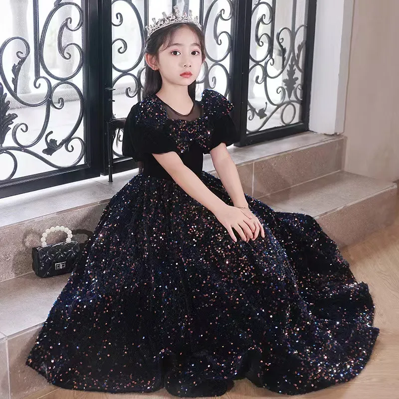 Lange kleine Mädchen Festzugskleid Schwarze Mutter- und Blumenmädchenkleider für Teenager formelle heilige Kommunion Kleid Prinzessin Partykleider mit Bogen 403