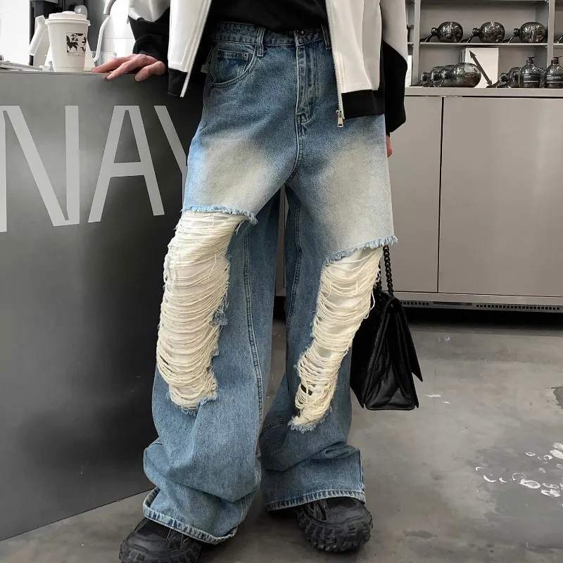 Heren jeans gescheurd Men 2023 Spring Vintage Trend High Street Harajuku Hip Hop Wide Leg broek Ins Koreaanse mode Casual Baggy 230509