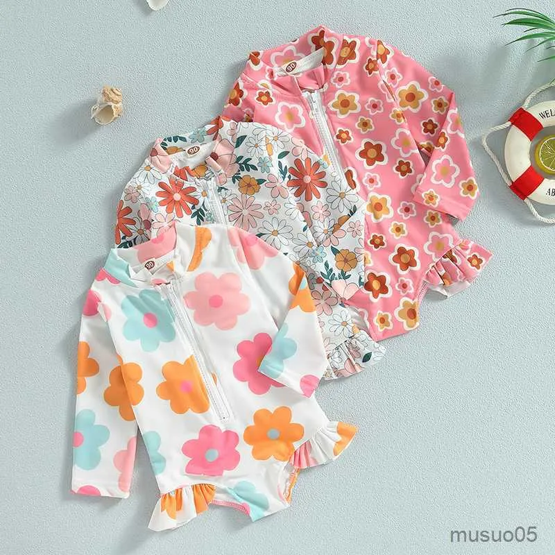 Zweiteilige Rüschen Langarm Kinder Baby Mädchen Badeanzüge Sommer Blumen Reißverschluss Rüschen Overall Bademode Kleinkind Beachwear Badeanzüge