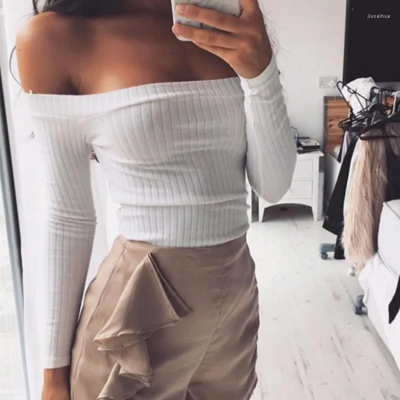 Canotte da donna Donna Maglia Crop Top Autunno Manica lunga con spalle scoperte Slash Neck T-shirt corta Bustier Tees Ragazze Streetwear