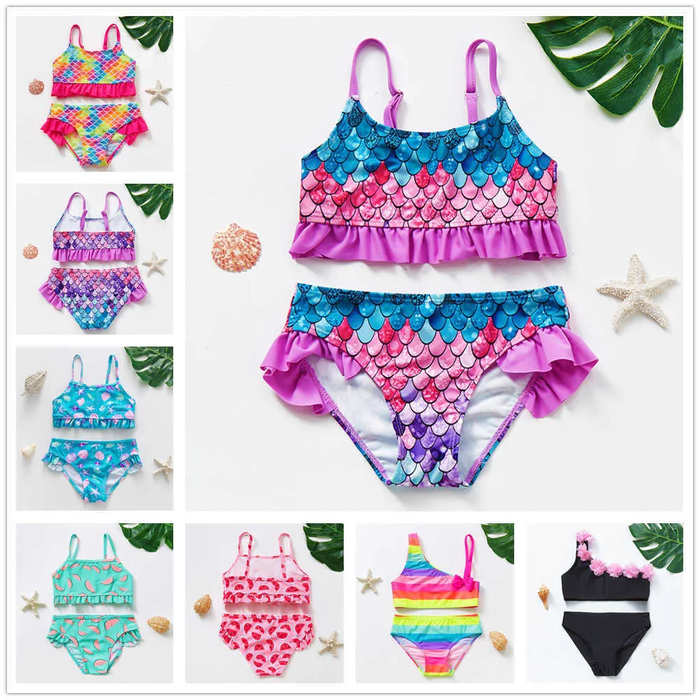 Barns badkläder 2 ~ 16 år flickor baddräkt barn badkläder söta tryck barn bikini set ruffle stil barn badkläder barn strand slitage-st291mix p230509