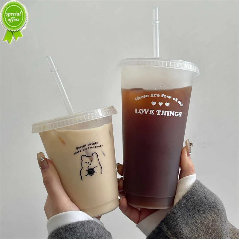 コーヒージュース用のかわいいウォーターボトルミルクティーカワイイプラスチックコールドカップと蓋ストローポータブル再利用可能な飲料ボトルBPA無料