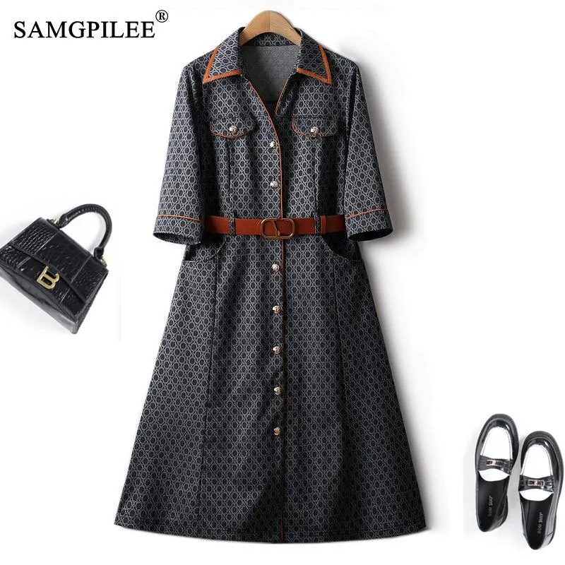 Dresses European Station Printed Denim Blue Dress Women 2023 Spring Summer Half Sleeve Turn Down Collar PU Belt Stylish Female Dresses