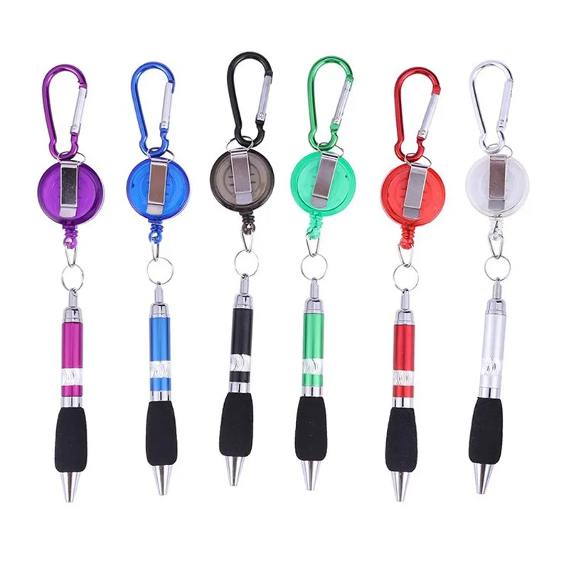 300Pcs/Lot Retractable Badge Reel Ballpoint Pen Belt Clip Key Chain with Carabiner Hook Portable Ball Pen Lanyard Pen