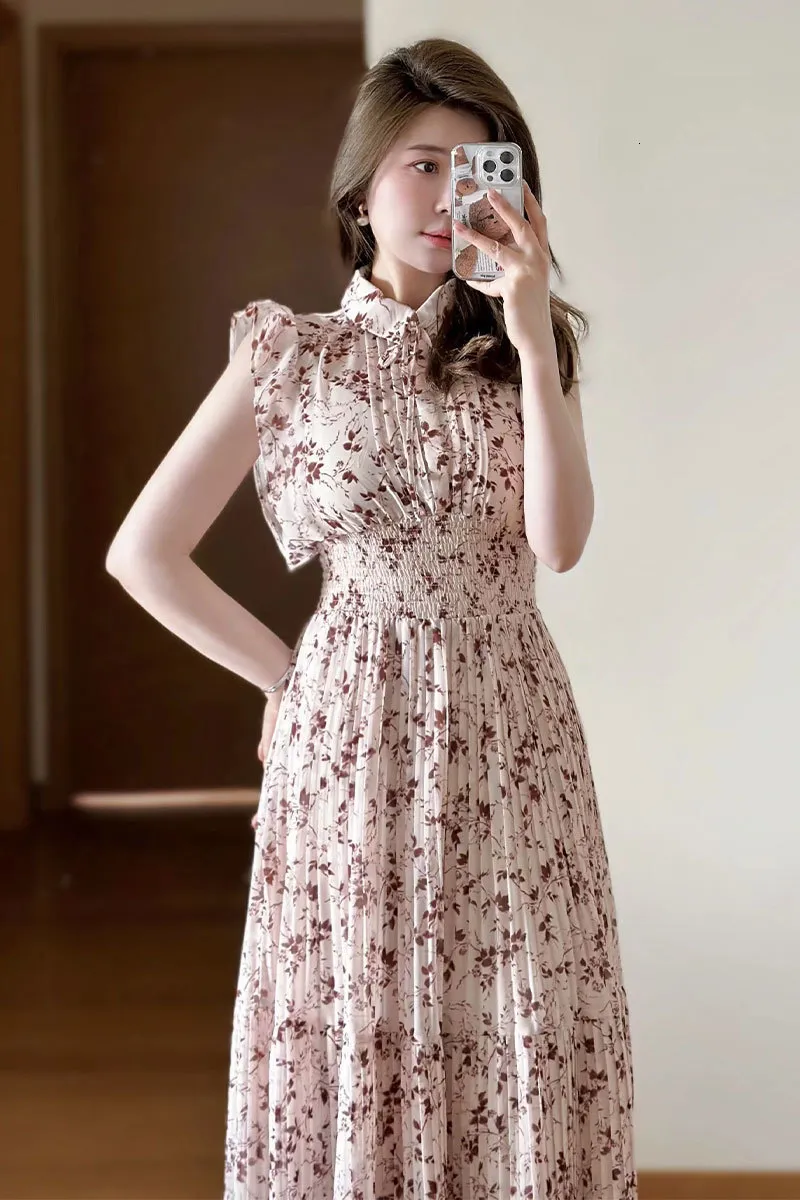 Vestidos de fiesta Kuzuwata Jap n estilo Flying manga Floral Vestidos De Mujer dulce plisado cintura delgada mujeres vestido gasa Polo cuello t nica