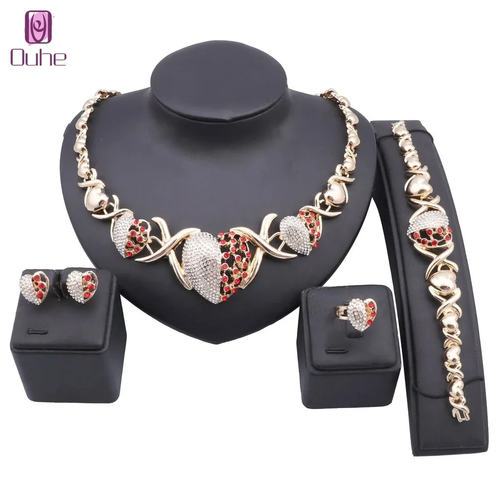 Femme mariage mariée couleur or cristal autrichien coeur déclaration collier boucles d'oreilles Bracelet bague fête Costume ensemble de bijoux