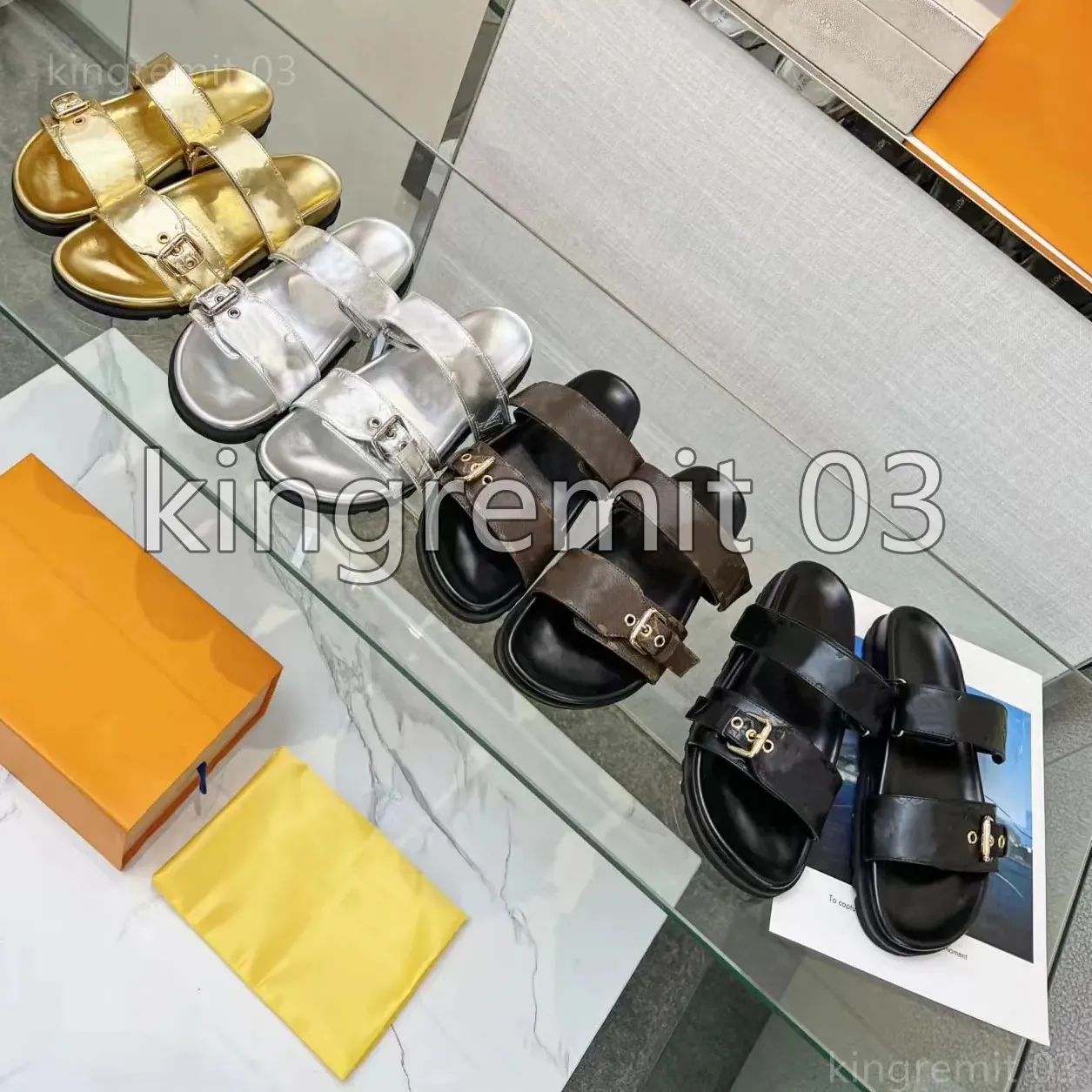 Tasarımcı Sandallar Bom Dia Konfor Düz Sandal Altın Gümüş Metal Sandalet Kadın Toka Slaytlar Deri İzleyiciler Presbbiyopya Moda Ayakkabı Dayremit