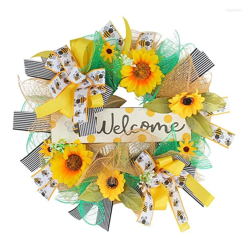 Decorative Flowers Artificial Sunflower Wreath Yellow Summer Floral Door Round Wall Window Rustic Home Garden Hanging