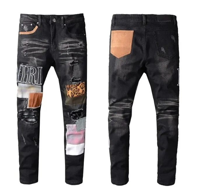 2023 mens Designer Jeans fashion Distressed Ripped Biker Slim Fit Denim da moto per uomo Pantaloni da trekking moda di alta qualità Pantaloni strappati con ricamo patchwork