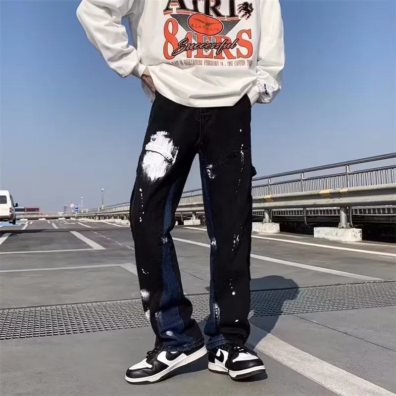 Męskie dżinsy 2023 Y2K Style malowane workowate czarne spodnie ładunkowe Mężczyźni Ubranie Prosta patchworka Hip Hop Flashed Denim Spodni Ropa Hombre 230509