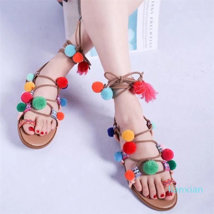 Sandals Summer Colorful Pompom Flat Women Flip Flops Cross-strap Woman Boho Seaside Casual Clip-toe Shoes For