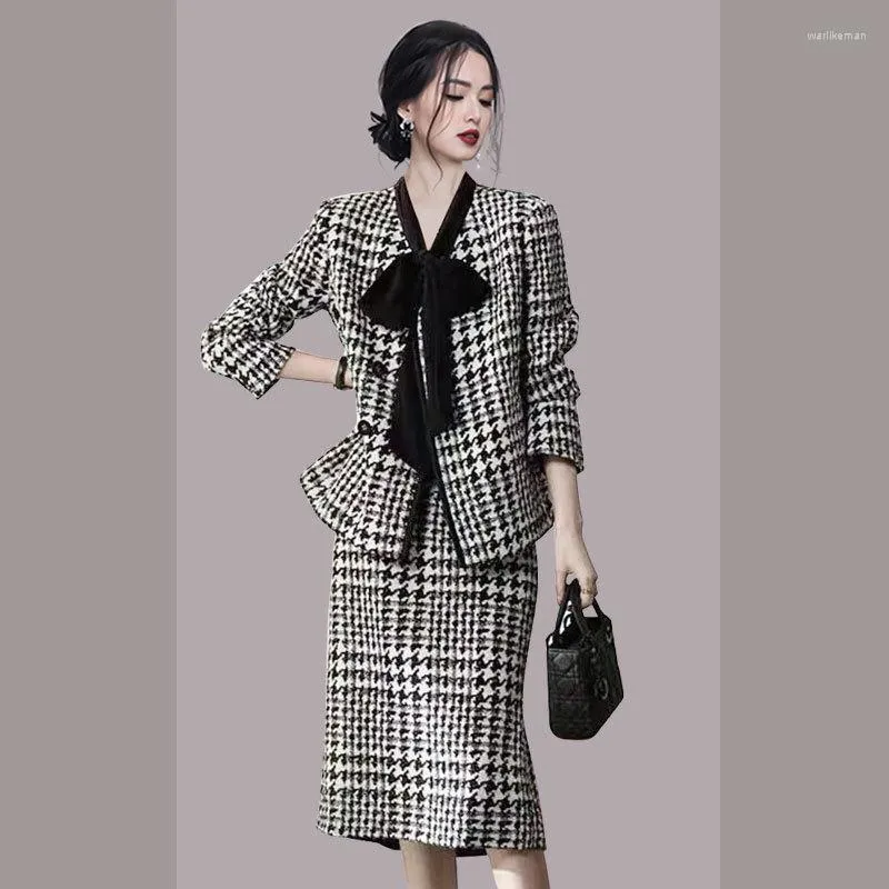 2023 Autumn Winter Ladies Houndstooth Two Piece Suit Western Style