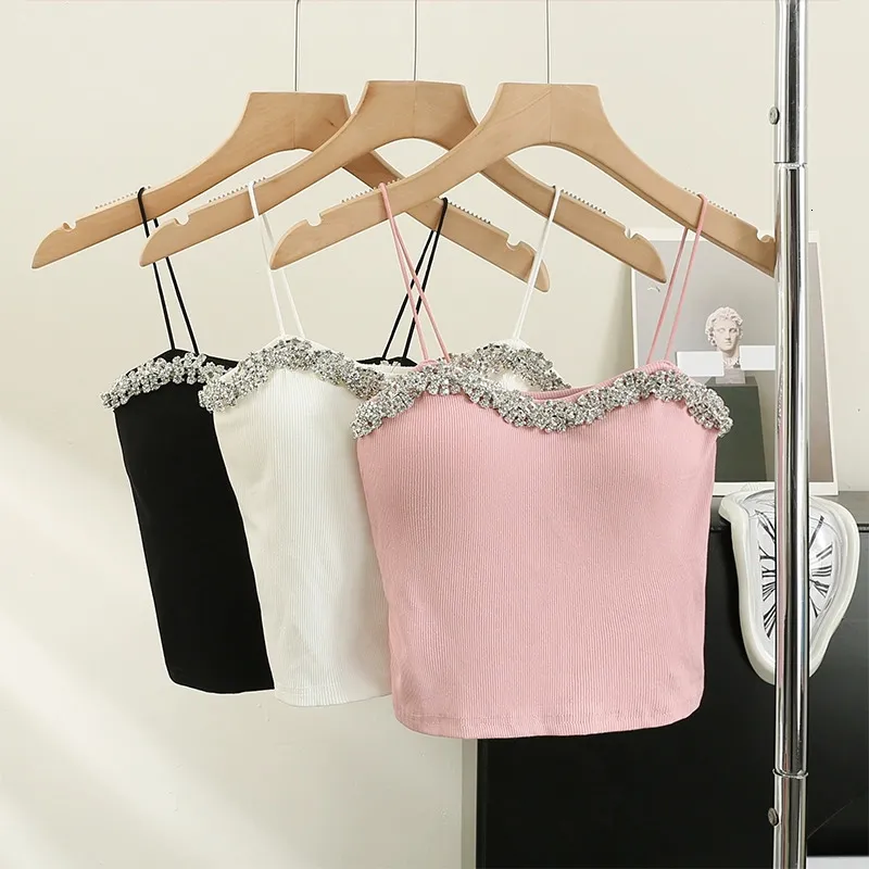 Camisoles Tanks Summer Basic Crop Top Women Patched Fake Diamonds Padded Soft Velor leveless Tee Camisole with Bra 230508