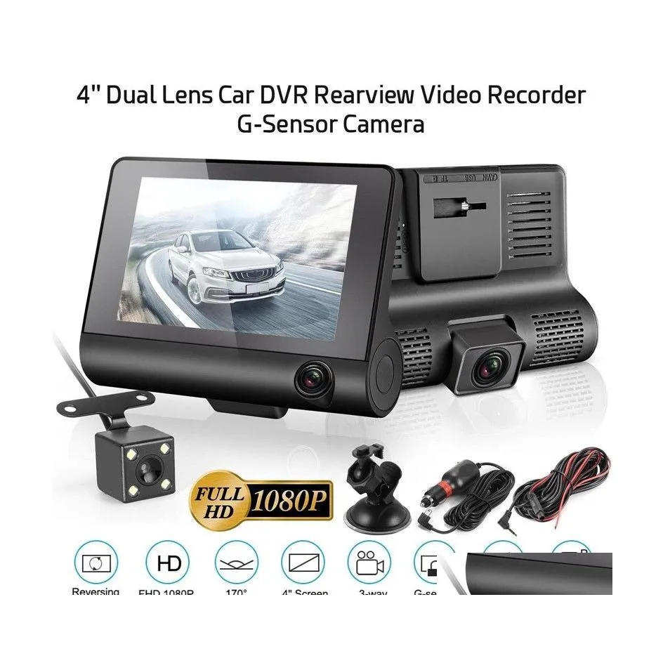 dvr per auto Dvr per auto 3 telecamere Obiettivo 4.0 pollici Touch Sn Dvr Videoregistratore Fhd 1080P Dash Camera Supporto Vista posteriore Drop Delivery Cellulari Motorcycl Dhn8O