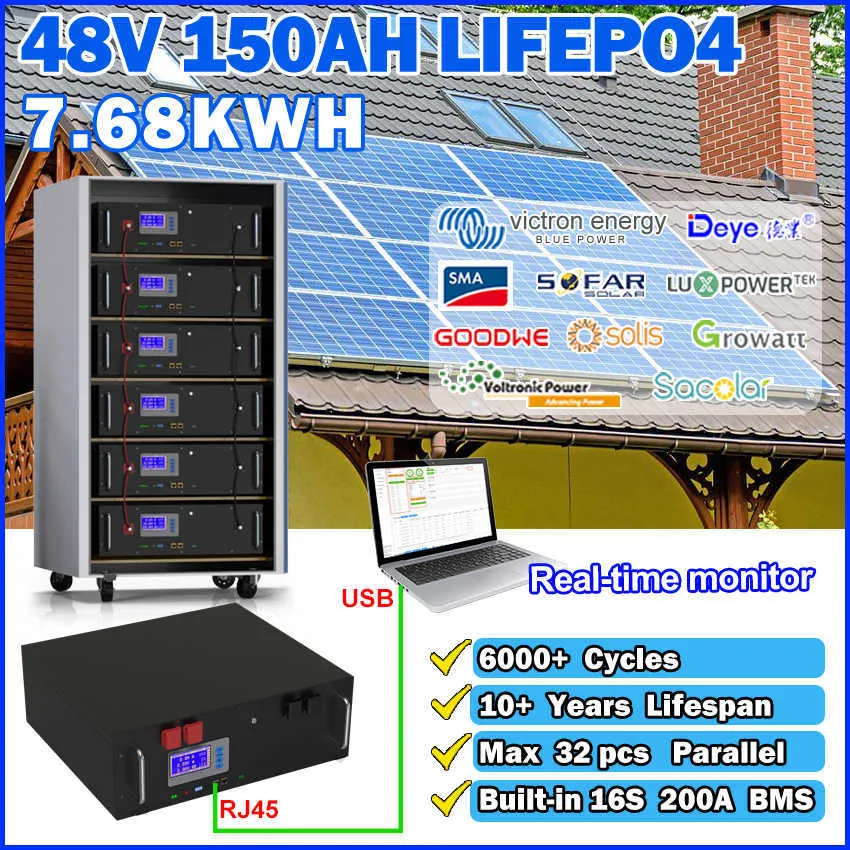 LifePO4 48V 150AH PACK 100AH ​​200AH 16S 51,2V 7,6KWh Energy Storage 200A BMS com Rs485 CAN 6000+ciclos até 32 paralelos