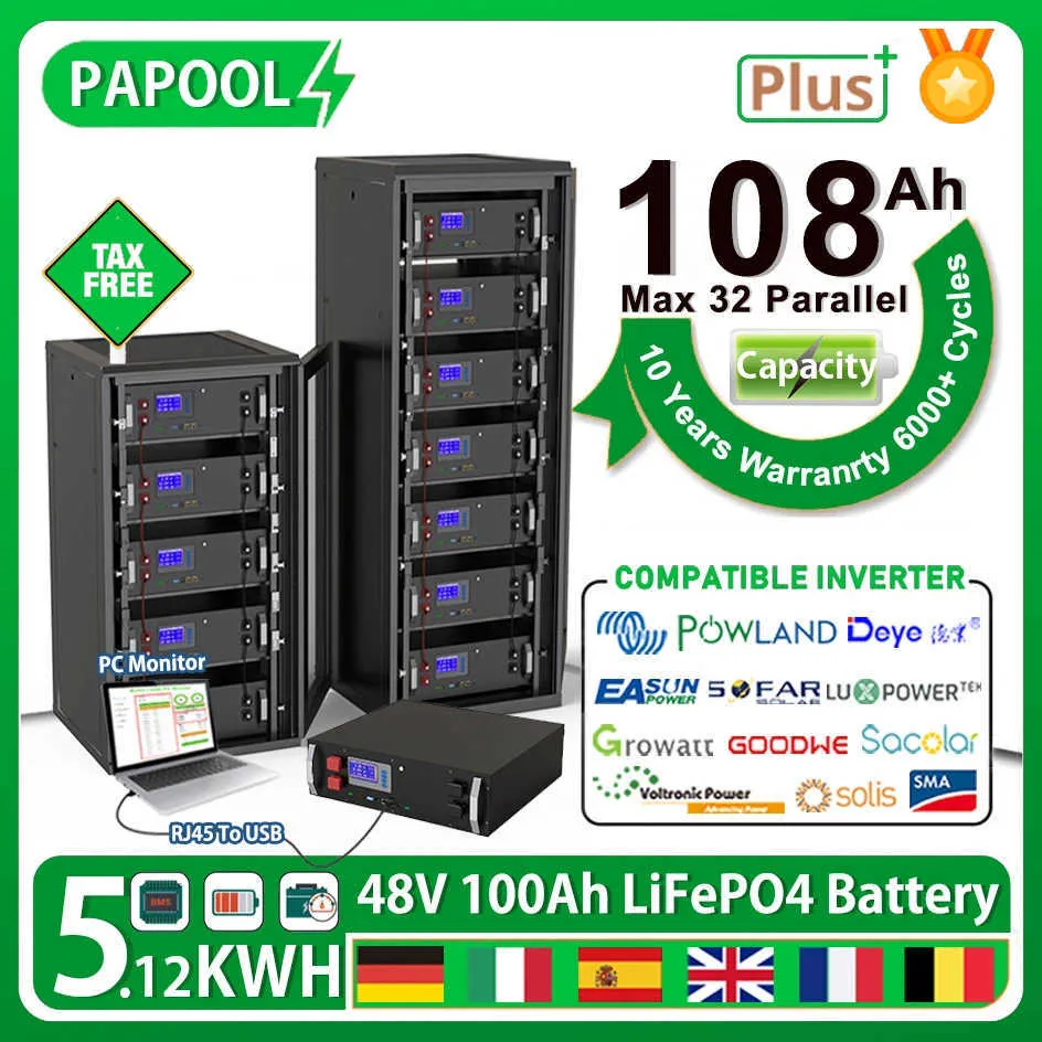 Batteria 48V 100Ah 200Ah LiFePO4 51.2V 5.12Kw 6000 cicli 32 paralleli CAN RS485 BUS Batteria agli ioni di litio con capacità del 108% NESSUNA IMPOSTA