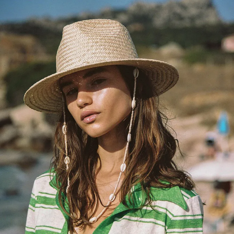 Chapéus de borda ardente praias de miçangas praia com corrente para mulheres palha de moda tecido fedora sol holidaty chapéu de panamá 230508