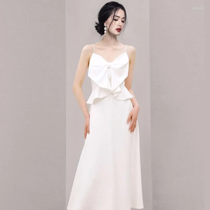 Casual Dresses Runway Summer White Big Bow Midi Dress 2023 Chic Fashion Women Spaghetti Strap Sexy V Neck Ruffles Slim Waist Long Vestidos