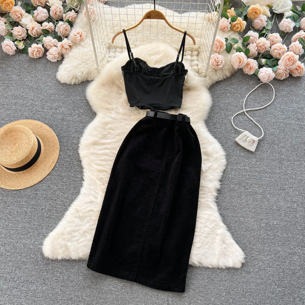 Two Piece Skirt Set: Women's Black Lace Corset Top & Corduroy Skirt Outfit 