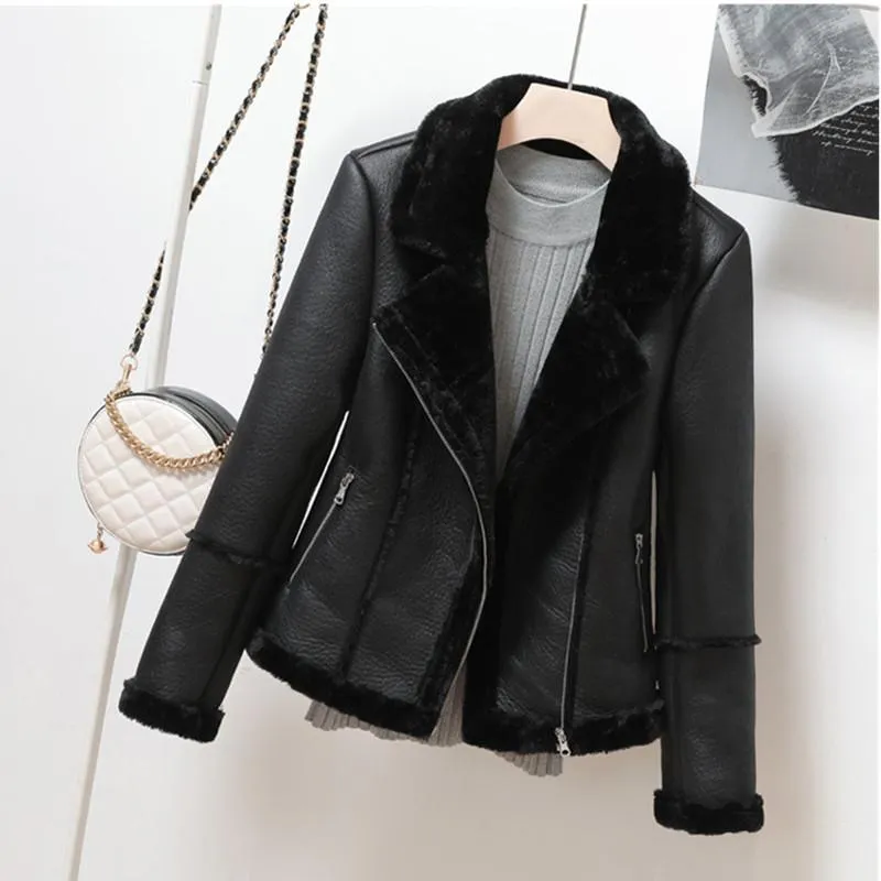 Fur Faux Shearling Sheepskin Coats Women 2020 New Winter Thick Warm Pu Faux Lamb Leather Jacket Black Motorcycle Female Overcoat Top