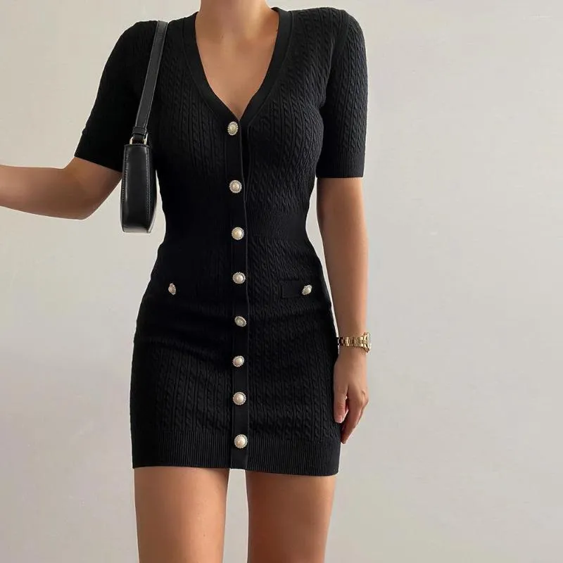 Abiti casual Abito lavorato a maglia Donna Nero con scollo a V Bottoni sottili Maglione Manica corta Aderente Mini abiti sexy Abiti femminili Primavera 2023