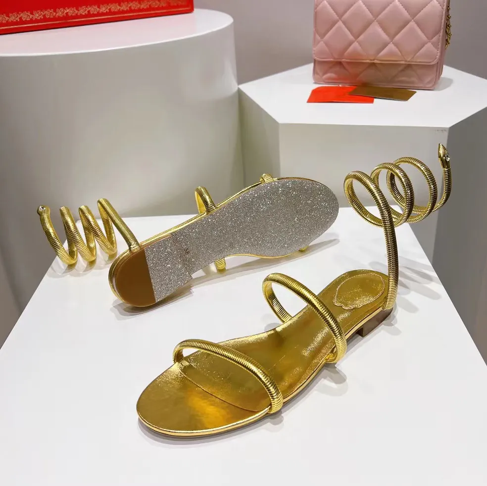 Snake Wrapped Gold Sandals Genuine Leather Flat Heel Summer Designer Shoes