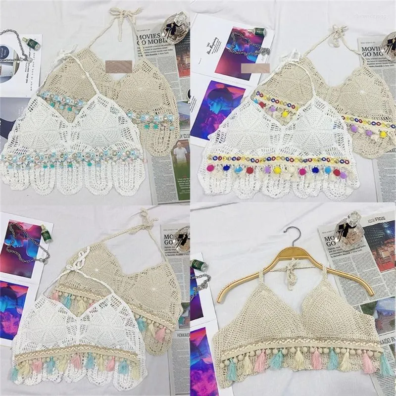 Mulheres de banho feminina H9ED Mulheres de verão Crochetes Hollow Crop Top Knit Lace Sweet Tassel Tassel Camisole sem mangas