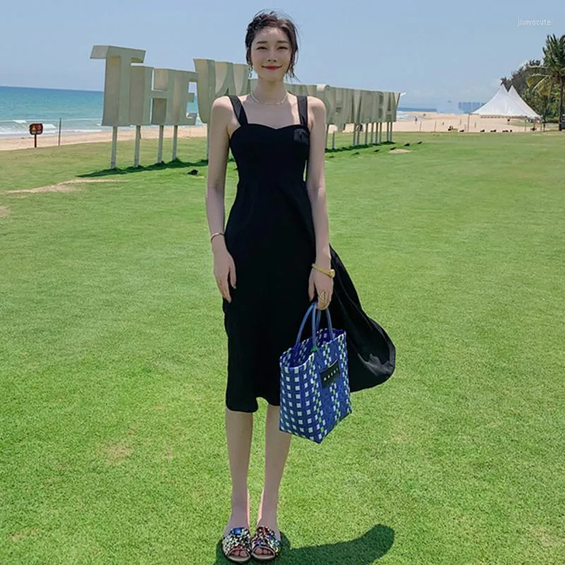 Abiti Casual donna abito lungo nero senza schienale senza schienale estate 2023 passerella Slim con spalline vintage coreano fata festa in spiaggia