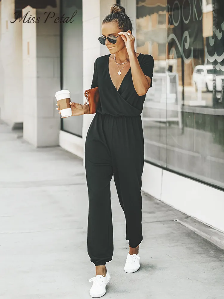 Jumpsuits voor dames rompers Miss Petal v-neck korte mouw jumpsuit voor vrouw casual lange jogger broek playsuit zomerse overalls bodysuits 230509