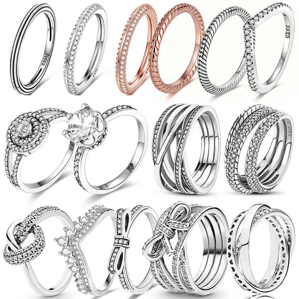 Anillos de banda Anillos de dedo de plata para mujer Anillo de cóctel de plata de ley 925 original Circón cúbico geométrico Corazón Joyería de boda Z0509