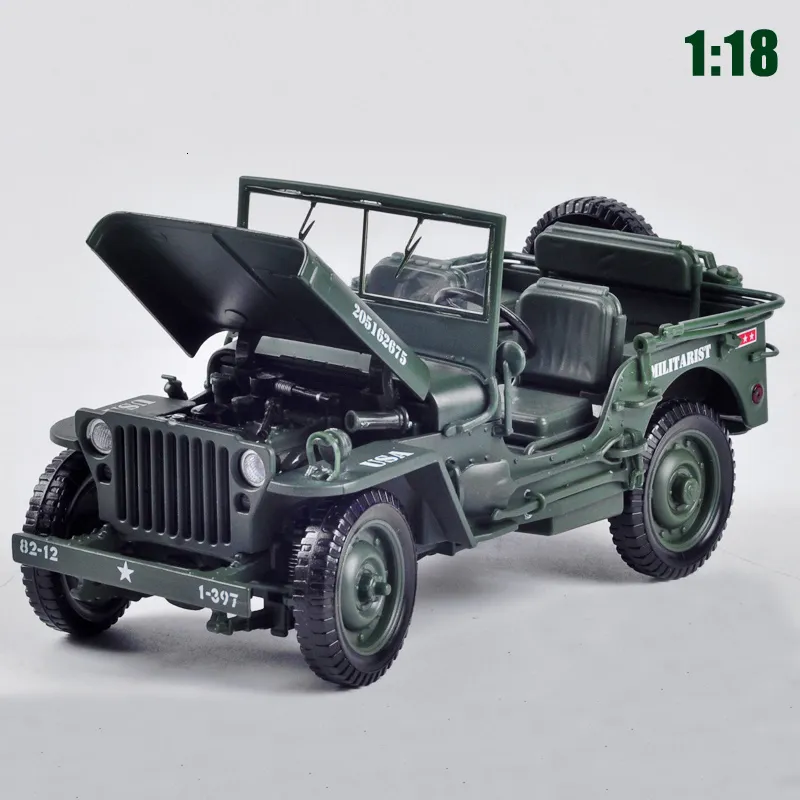 Diecast Modelo 1 18 Modelo Militar Tático Velha Segunda Guerra Mundial Willis GP Jeeps Modelo de carro de liga militar para crianças Presentes Garoto Veículos 230509