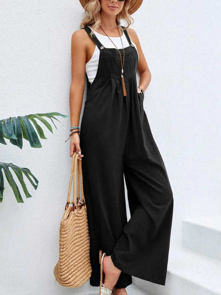 Vintage Black Jumpsuit With Pockets For Women Elegant Wide Leg